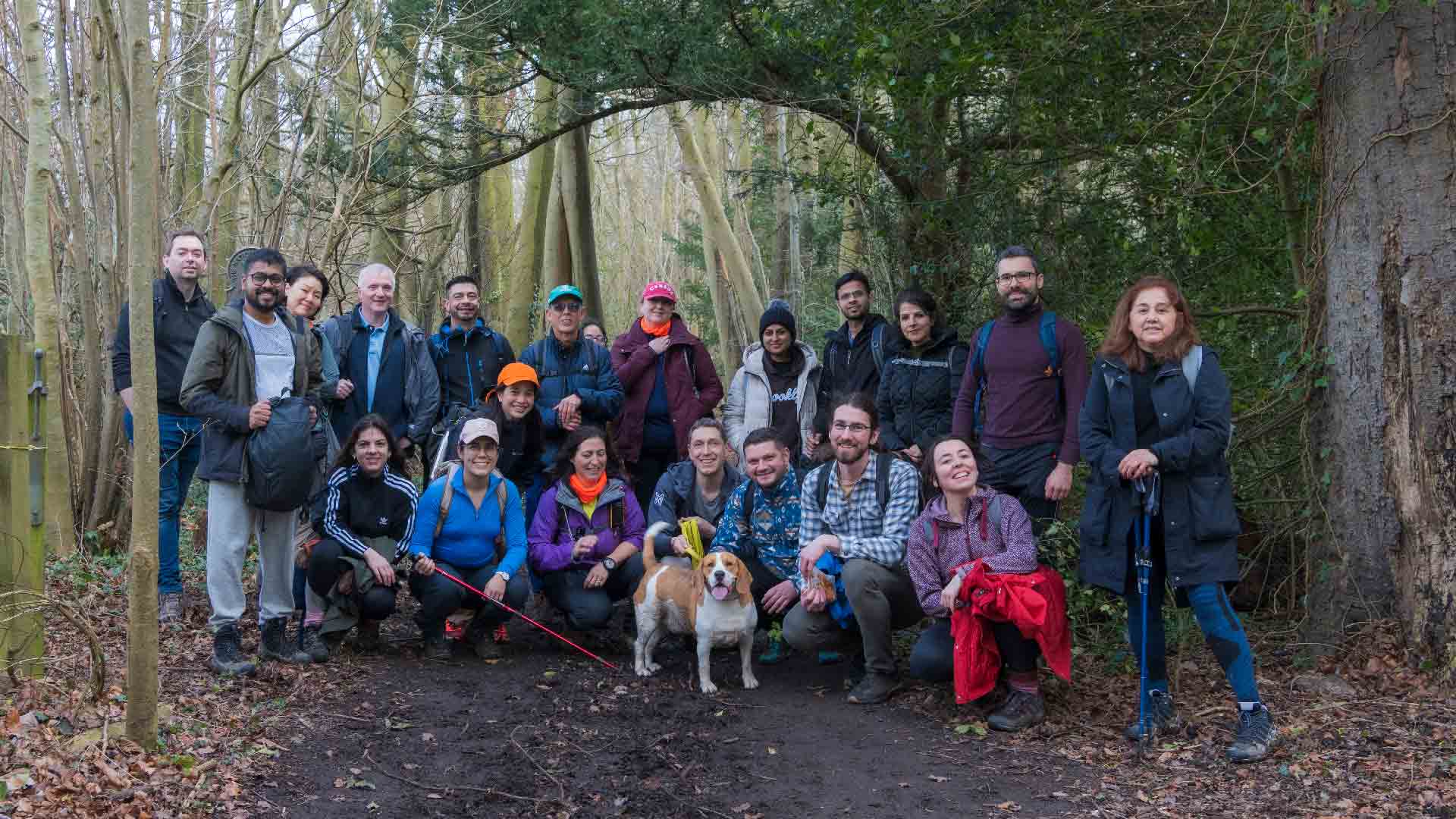 A group of hikers smiling in a woodland area, surrounded by tall trees and natural scenery, enjoying their visit to local heritage sites.