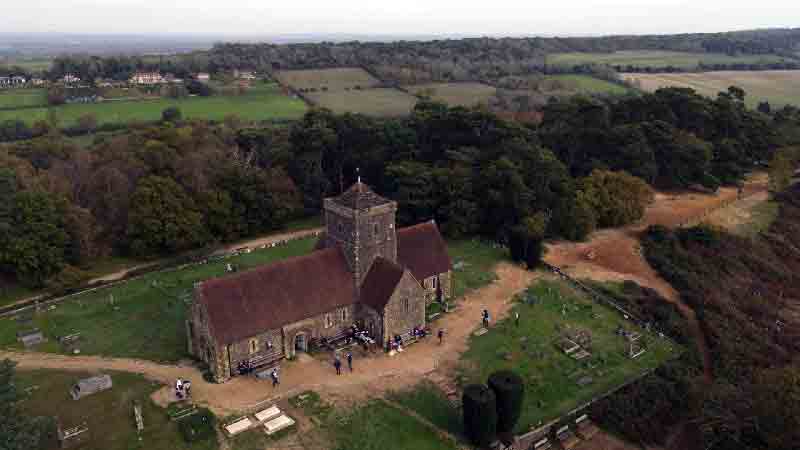 St Martha-on-the-Hill Church atop a scenic hill with panoramic views of Surrey.